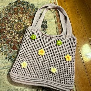 Lilac crocheted tote bag with flowers